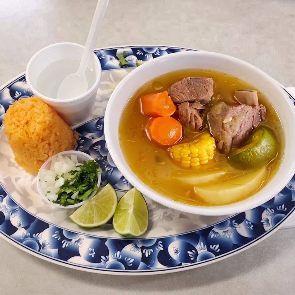 Hearty beef soup with corn, carrots, and potatoes, served with rice, onions, cilantro, and lime.